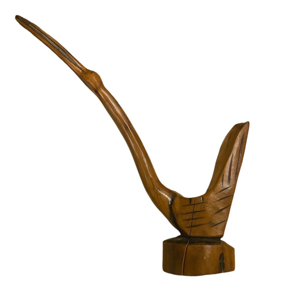 Hand Carved Wooden Crane Bird Sculpture 15 Inch AS IS Folk Art